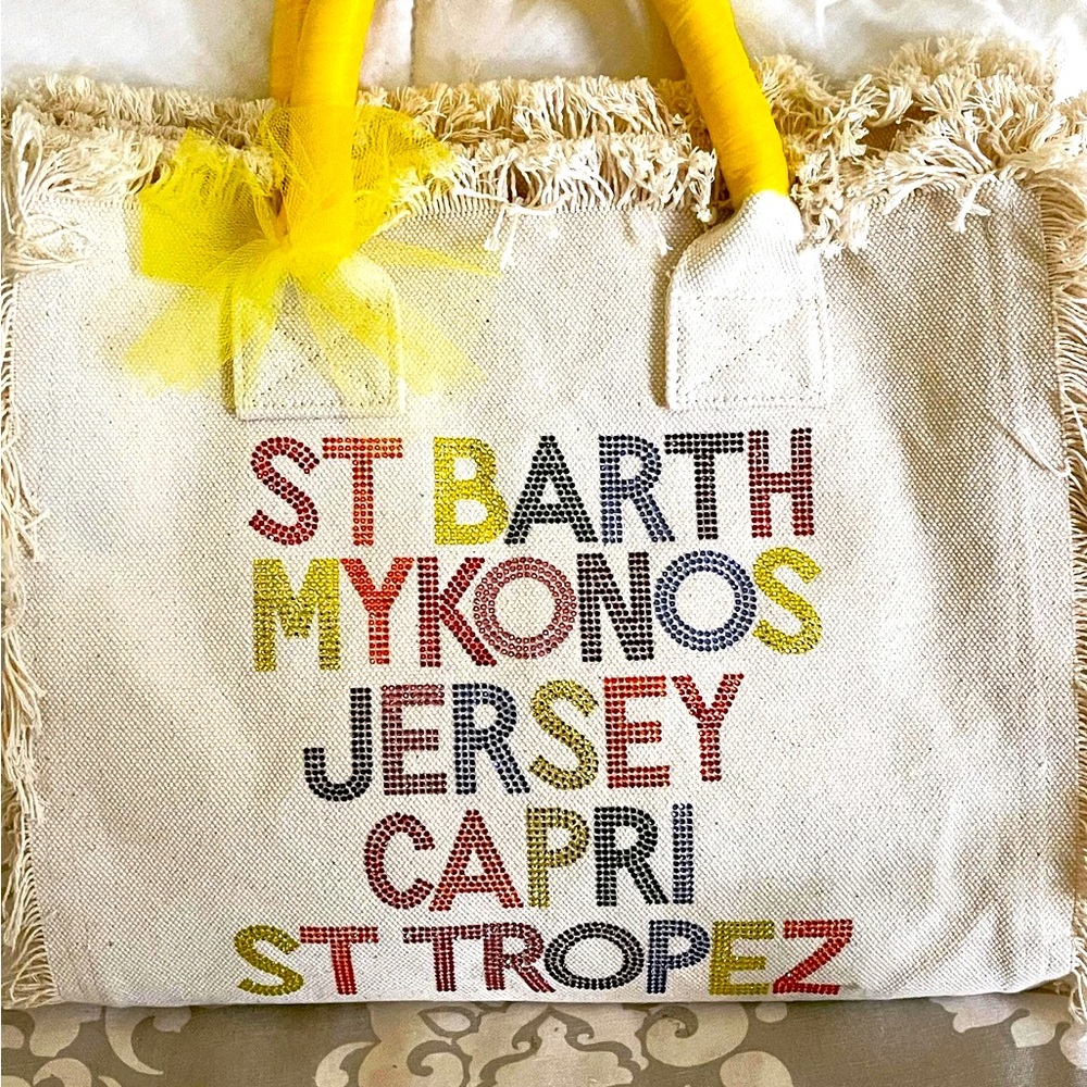 Canvas Tote Bag with Yellow Handles and Multicolor Text